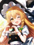 1girl absurdres black_vest blonde_hair blush bow braid commentary_request green_bow hair_bow hat heart heart_hands highres kirisame_marisa long_hair one_eye_closed open_mouth shirt short_sleeves single_braid skirt smile solo touhou upper_body vest white_shirt white_wrist_cuffs witch_hat wrist_cuffs ya-ya yellow_eyes 