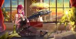  1girl absurdres akachi arm_ribbon bare_shoulders black_choker black_dress black_gloves black_pantyhose black_ribbon bonsai breasts bullpup choker cleavage closed_mouth collarbone commentary_request crossed_legs cup dress earrings full_body girls'_frontline girls'_frontline_2:_exilium gloves gun high_heels highres holding holding_cup instrument_case jewelry lips long_hair looking_at_viewer makiatto_(girls'_frontline_2) medium_breasts multicolored_hair official_alternate_costume on_floor pantyhose plant purple_eyes purple_hair ribbon rifle shoes sidelocks single_earring sitting smile sniper_rifle solo streaked_hair table teacup textless_version thighs unworn_shoes wa2000_(ballroom_interlude)_(girls'_frontline) wa2000_(girls'_frontline) walther_wa_2000 weapon white_streaks window 