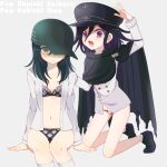  2girls :d arm_up bangs black_bra black_cape black_footwear black_hair black_headwear black_panties blush bra brown_eyes buttons cape character_name collarbone commentary_request danganronpa_(series) danganronpa_v3:_killing_harmony double-breasted dress_shirt fang foreshortening frown genderswap genderswap_(mtf) grey_background grey_jacket grey_shirt hat invisible_chair jacket keroro7 kneehighs kneeling lace-trimmed_bra lace_trim long_hair long_sleeves looking_at_viewer medium_hair multiple_girls navel no_pants open_clothes open_mouth open_shirt ouma_kokichi panties purple_eyes purple_footwear purple_hair red_panties saihara_shuuichi shirt simple_background sitting smile stomach sweatdrop underwear white_legwear 