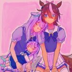  animal_ears aqua_bow aqua_socks bow commentary ear_bow ear_ribbon english_commentary high_ponytail highres horse_ears horse_girl horse_tail horseshoe_ornament mejiro_mcqueen_(umamusume) multicolored_hair owiphony ponytail purple_hair purple_shirt sailor_collar sailor_shirt school_uniform shirt single_hair_streak socks streaked_hair summer_uniform tail tokai_teio_(umamusume) tracen_school_uniform tracen_training_uniform two-tone_skirt umamusume white_streaks 