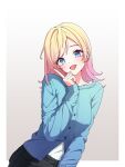  1girl aiceclass arm_at_side black_pants blonde_hair blue_cardigan blue_eyes blue_pupils blush border cardigan commentary_request cowboy_shot gradient_background gradient_hair grey_background hand_up hanon_(aiceclass) highres index_finger_raised looking_at_viewer medium_hair multicolored_hair open_mouth outside_border pants parted_bangs partially_unbuttoned pink_hair shirt smile solo thfktlfh456 virtual_youtuber white_border white_shirt 