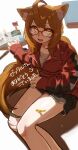  1girl :d absurdres ahoge animal_ear_fluff animal_ears black_shorts book breasts brown_eyes dolphin_shorts feet_out_of_frame fox_ears fox_girl fujinari glasses grey_shirt highres jacket long_hair long_sleeves looking_at_viewer open_mouth original red-framed_eyewear red_hair red_jacket shirt short_shorts shorts sitting sleeves_past_wrists smile solo thighs track_jacket very_long_hair white_background 