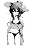  1girl alternate_costume bikini blue_archive blush breasts closed_mouth commentary_request cowboy_shot flower flying_sweatdrops greyscale groin halo hand_on_own_arm haruka_(blue_archive) hat hat_flower highres jacket jacket_partially_removed korean_commentary long_sidelocks long_sleeves looking_at_viewer medium_breasts monochrome pepsi2330 sidelocks simple_background sketch smile solo spot_color sun_hat swimsuit white_background 
