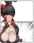 anthro big_breasts biped black_bottomwear black_clothing black_skirt black_topwear bottomwear breasts cleavage clothed clothing equid equine female hair horse huge_breasts landysh leaning leaning_forward mammal red_hair red_tail skirt tail topwear wide_hips
