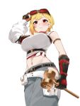  absurdres ags_artz belt black_belt black_gloves blonde_hair breasts closed_mouth commentary cropped_sweater gloves goggles goggles_on_head grey_pants hammer highres holding holding_hammer hololive hololive_indonesia kaela_kovalskia large_breasts navel pants red-tinted_eyewear simple_background smile sweater tinted_eyewear untranslatable_commentary virtual_youtuber white_background white_sweater yellow_eyes 