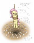 anthro arms_tied bdsm bodily_fluids bondage bound crying cutie_mark dialogue english_text equid equine execution eyes_closed feathered_wings feathers female fluttershy_(mlp) friendship_is_magic fur hair hasbro hi_res horse mammal meowmere my_little_pony mythological_creature mythological_equine mythology nude open_mouth pegasus peril pink_hair pony restraints rope rope_bondage simple_background solo tail tears text wings yellow_body