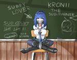  1girl absurdres arms_behind_back bdsm black_boots black_bra blue_eyes blue_hair blue_necktie board_eraser bondage boots bound bound_legs bra breasts chain chain_headband chair chalkboard commentary english_commentary gag hair_intakes highres holocouncil hololive hololive_english holopromise improvised_gag iree large_breasts lipstick_mark loose_necktie necktie open_clothes open_shirt ouro_kronii restrained school school_chair school_uniform shirt skirt tape tape_bondage tape_gag underwear white_shirt 
