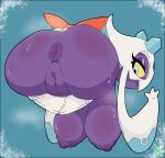 absurd_res anus areola big_breasts big_butt blue_background blue_eyes bodily_fluids breasts butt eyelashes female froslass generation_4_pokemon genitals hi_res humanoid looking_at_viewer looking_back looking_back_at_viewer nintendo nipples pokemon pokemon_(species) purple_anus purple_areola purple_body purple_nipples simple_background solo sweat sweatdrop toughtips vulva yellow_sclera