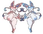 2026 areola big_breasts blue_areola blue_body blue_ears blue_inner_ear blue_nipples blue_sclera blue_skin blue_tail blush bow_ribbon breasts cheek_tuft darkened_areola darkened_arms darkened_legs darkened_nipples duo eeveelution facial_tuft female fluffy fluffy_tail generation_6_pokemon head_tuft hi_res huge_breasts laugh nintendo nipples open_mouth pink_areola pink_body pink_ears pink_inner_ear pink_nipples pink_skin pink_tail pokemon pokemon_(species) puffy_areola pupils raebo ribbons shiny_pokemon simple_background sylveon tail tuft white_background white_pupils