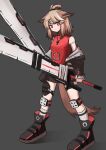  1girl animal_ear_piercing animal_ears arknights bandaid bandaid_on_shoulder black_boots black_skirt blanketrena blush boots brown_hair commentary_request cutter_(arknights) dual_wielding fox_ears fox_girl fox_tail frown full_body grey_background highres holding holding_sword holding_weapon jewelry knee_pads looking_at_viewer necklace red_eyes red_shirt shirt short_hair simple_background skirt sleeveless sleeveless_shirt socks solo standing sword tail v-shaped_eyebrows weapon white_socks 