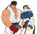  1boy 1girl absurdres beard boxing_gloves bracelet chun-li commentary_request dougi facial_hair forked_eyebrows headband highres holding_hands jewelry karate_gi korean_commentary martial_arts_belt missing_legwear muscular muscular_male red_headband ryu_(street_fighter) spiked_bracelet spikes street_fighter tetpyu 