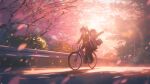  2boys absurdres ahoge arms_up auni backlighting bag bicycle black_hair bush checkered_clothes checkered_scarf cherry_blossoms closed_eyes commentary danganronpa_(series) danganronpa_v3:_killing_harmony english_commentary evening falling_petals flipped_hair flower hair_between_eyes happy highres jacket laughing long_sleeves male_focus multiple_boys necktie oma_kokichi open_mouth outdoors pants petals pink_flower purple_hair railing red_necktie riding riding_bicycle road saihara_shuichi scarf scenery school_bag school_uniform shirt short_hair signature smile sunlight tree two-tone_scarf 