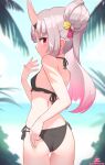  1girl absurdres ass beach bell bikini black_bikini blurry blurry_background breasts closed_mouth commentary day earrings english_commentary from_behind gradient_hair grey_hair hair_bell hair_bun hair_ornament halterneck highres hololive horns jewelry jingle_bell long_hair looking_at_viewer looking_back multi-strapped_bikini_bottom multicolored_hair nakiri_ayame oni outdoors red_eyes red_hair red_streaks side-tie_bikini_bottom skin-covered_horns small_breasts smile solo standing streaked_hair string_bikini swimsuit tassel tassel_hair_ornament virtual_youtuber zambonito 