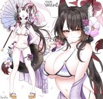  1girl animal_ear_fluff animal_ears bikini black_hair blue_archive blush breasts character_name collarbone colored_inner_hair commentary english_commentary eyeshadow flower fox_ears fox_girl fox_mask fox_tail hair_flower hair_ornament halo highres large_breasts long_hair looking_at_viewer makeup mask multicolored_hair multiple_views navel ougiikun platform_sandals red_eyeshadow red_hair sandals simple_background smile stomach swimsuit tail tail_flower tail_ornament two-tone_hair very_long_hair wakamo_(blue_archive) wakamo_(swimsuit)_(blue_archive) white_background white_bikini yellow_eyes 