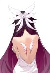  1girl bare_back bare_shoulders blood blood_trail columbina_(genshin_impact) commentary_request from_behind genshin_impact hair_ornament hand_on_own_arm highres injury long_hair multicolored_hair multiple_wings purple_streaks shiyufeng644801 simple_background solo streaked_hair two-tone_hair very_long_hair white_background wing_hair_ornament wings 