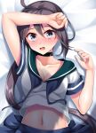 1girl absurdres ahoge akebono_(kancolle) arm_up bangs bed_sheet black_choker black_hair blue_skirt blush breasts choker cleavage collarbone commentary_request eyebrows_visible_through_hair green_sailor_collar grey_eyes hair_between_eyes highres kantai_collection long_hair lying midriff navel open_mouth pleated_skirt ruin_re_birth sailor_collar school_uniform serafuku shadow shirt skirt small_breasts solo upper_body white_shirt 
