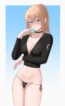  1girl absurdres alternate_costume arm_up bikini black_bikini black_choker black_one-piece_swimsuit blonde_hair blue_background blush breasts choker cleavage closed_mouth collarbone commentary_request crossed_arms feet_out_of_frame girls'_frontline highres long_hair long_sleeves looking_at_viewer medium_breasts navel one-piece_swimsuit purple_eyes scar-h_(girls'_frontline) simple_background smile solo standing stomach swimsuit undercoder 