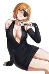  1girl absurdres bare_shoulders black_choker black_dress black_gloves blush breasts brown_eyes brown_hair choker commentary dress earrings elbow_gloves eyepatch frown gloves hammer highres holding holding_hammer holding_nail jewelry jujutsu_kaisen kugisaki_nobara large_breasts nail_(hardware) ring short_hair simple_background sitting solo waligner 