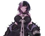  1girl :3 arm_warmers black_arm_warmers black_choker black_coat black_dress black_hair book breasts choker cleavage closed_mouth coat dress fur-trimmed_coat fur_trim gloryaldelly highres hololive hololive_english huge_breasts looking_at_viewer multicolored_hair purple_coat purple_hair ribbon shiori_novella shiori_novella_(1st_costume) simple_background solo split-color_hair two-sided_coat two-sided_fabric two-tone_hair virtual_youtuber white_background white_ribbon yellow_eyes 