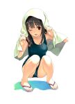  1girl ;d bangs bare_shoulders black_hair blue_swimsuit breasts commentary_request eyebrows_visible_through_hair flip-flops flower hands_up knees_up koutaro long_hair looking_at_viewer one_eye_closed open_mouth original pink_flower red_eyes sandals school_swimsuit small_breasts smile solo squatting swimsuit thighs towel towel_on_head white_background 