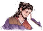  1boy 1other baldur's_gate baldur's_gate_3 beard closed_eyes closed_mouth commentary_request disembodied_hand disembodied_torso dungeons_&amp;_dragons eliza_fox facial_hair gale_(baldur's_gate) hair_bun hair_slicked_back hand_on_another's_cheek hand_on_another's_face hand_on_another's_hand highres male_focus medium_hair pov pov_hands purple_robe robe smile solo_focus wavy_hair 