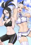  2girls :d abs arm_up bike_shorts black_bra black_hair bra clenched_hand clenched_hands cloud commentary_request cross_scar day dendra_(pokemon) detached_sleeves eri_(pokemon) grin hand_up hands_up happy highres kikyouta long_hair multiple_girls navel necktie open_mouth outdoors pokemon pokemon_scarlet_and_violet scar scar_on_face scar_on_forehead shorts sidelocks sky smile teeth thighhighs underwear upper_teeth_only 