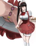  1girl black_hair blush breasts butt_plug buttons chastity_belt dildo employee_uniform food headdress high_ponytail highres holding holding_food holding_tongs itou_tatsuya large_breasts long_shirt multiple_views notepad original ponytail puffy_sleeves red_eyes red_ribbon red_skirt ribbon sex_toy shirt skirt socks suspender_skirt suspenders tongs waitress white_background white_shirt white_socks 