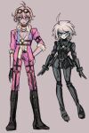  1boy 1girl absurdres ahoge android antenna_hair aoiringo arm_belt armor barbed_wire belt black_choker blonde_hair blue_eyes boots choker commentary danganronpa_(series) danganronpa_v3:_killing_harmony eyelashes fingerless_gloves full_body genderswap genderswap_(ftm) genderswap_(mtf) gloves goggles goggles_on_head grey_background grey_hair hair_between_eyes hand_on_own_hip height_difference highres iruma_miu joints k1-b0 knee_boots light_smile looking_at_viewer looking_to_the_side medium_hair o-ring o-ring_belt pectoral_cleavage pectorals pink_shirt power_armor ringed_eyes robot_ears robot_joints school_uniform shirt short_hair simple_background skirt standing thigh_belt thigh_strap white_hair 