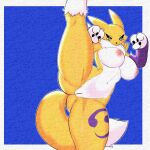 1:1 absurd_res anthro bandai_namco blue_eyes breasts butt canid canine digimon digimon_(species) female fighting_pose genitals hi_res kick kitsukaelkami looking_at_viewer mammal mature_anthro mature_female pose raised_leg renamon solo spread_legs spreading tail vulva yellow_body