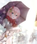  1girl absurdres amatou_cacao blue_eyes blurry blurry_foreground bokeh brown_coat buttons coat commentary_request depth_of_field double-breasted dutch_angle enpera hair_between_eyes hair_ornament highres holding holding_umbrella long_hair long_sleeves looking_at_viewer open_mouth original outdoors pink_hair plaid_clothes plaid_scarf purple_umbrella red_scarf scarf smile snow snowing solo tassel tassel_hair_ornament umbrella upper_body winter_clothes 