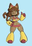 absurd_res anthro armor artist_name bikini bikini_bottom bikini_top blue_background breasts brown_body brown_ears brown_fur brown_hair brown_tail cat_tail clothed clothing digital_drawing_(artwork) digital_media_(artwork) domestic_cat eyewear eyewear_on_head felid feline felis female fingers footwear fur gameoverse gauntlets gesture glitch_productions gloves goggles goggles_on_head hair hand_gesture handwear hi_res kit_(gameoverse) looking_at_viewer mammal navel one_eye_closed pink_clothing pink_eyes short_hair simple_background snoutless solo sparkles standing swimwear tail text thumbs_up two-piece_swimsuit wink winking_at_viewer yellow_clothing