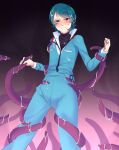  1boy absurdres aeug black_shirt blue_eyes blue_hair blush furrowed_brow grabbed_by_tentacles gradient_background gundam highres kamille_bidan long_sleeves lunaregemini male_focus military_uniform nose_blush restrained self-upload sexually_suggestive shiny_skin shirt suggestive_fluid sweat tearing_up tentacles tentacles_on_male turtleneck turtleneck_shirt v-shaped_eyebrows zeta_gundam 