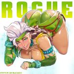  1girl absurdres all_fours armlet artist_name ass blush bone_necklace bracelet breasts brown_hair cleavage colored_bangs english_text gloves green_eyes green_gloves green_headband green_loincloth green_panties headband highres jewelry large_breasts looking_at_viewer marvel marvel_rivals mika_dawn multicolored_hair necklace official_alternate_costume panties rogue_(savage_south)_(x-men) rogue_(x-men) tank_top thick_thighs thighs tooth_necklace torn_clothes torn_tank_top two-tone_hair underwear white_hair wide_hips x-men 