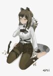 1girl 24ersi absurdres animal_ears arknights artist_name barefoot black_shorts breasts brown_hair brown_pantyhose commentary_request flower highres knife medium_breasts pantyhose raccoon_ears raccoon_girl raccoon_tail robin_(arknights) shirt shorts sitting smile solo tail wariza white_background white_shirt yellow_eyes 
