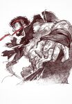  1boy absurdres beard commentary_request dougi facial_hair forked_eyebrows headband highres karate_gi male_focus martial_arts_belt marumaru1902 muscular muscular_male red_headband ryu_(street_fighter) solo street_fighter uppercut 