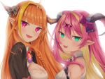  2girls absurdres ahoge asymmetrical_horns bangs bare_shoulders blonde_hair bow braid breasts brooch check_commentary clover_(cloversoya) commentary_request eyebrows_visible_through_hair fang green_eyes hair_ornament hairband highres hololive horn_bow horn_ornament horns jewelry kiryu_coco long_hair looking_at_viewer mano_aloe multicolored_hair multiple_girls open_mouth orange_hair pink_hair pointy_ears purple_eyes two-tone_hair virtual_youtuber white_background wing_collar 