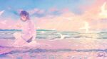  1girl cloud horizon long_sleeves looking_at_viewer medium_hair original sitting solo sweater tabisumika water white_bird white_sweater wide_shot 