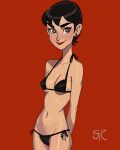  1girl arms_behind_back artist_name audrey_hepburn bikini black_bikini black_hair blush breasts bright_pupils brown_eyes closed_mouth collarbone commentary covered_nipples earrings english_commentary face_piercing freckles galmesh_rosewood highres jewelry looking_at_viewer making-of_available medium_breasts navel nose_piercing nose_ring piercing procreate_(medium) real_life red_background red_lips short_hair side-tie_bikini_bottom simple_background smile solo stud_earrings swimsuit white_pupils 