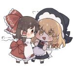  2girls apron back_bow black_hat black_skirt black_vest blonde_hair blush bow bowtie braid brown_eyes brown_hair chibi chibi_only commentary_request detached_sleeves eye_contact flying_sweatdrops frilled_bow frilled_hair_tubes frills full_body hair_bow hair_tubes hakurei_reimu hat highres kirisame_marisa long_hair looking_at_another multiple_girls open_mouth red_bow red_bowtie red_skirt side_braid simple_background single_braid skirt skirt_set smile touhou translation_request twitter_username uzuki_(amayadori) vest waist_apron white_apron white_background white_bow witch_hat yellow_eyes yuri 