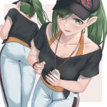  1girl absurdres bangs baseball_cap black_headwear black_shirt border collarbone green_eyes green_hair grey_background hat highres idolmaster idolmaster_shiny_colors long_hair nanakusa_hazuki off-shoulder_shirt off_shoulder outside_border pants ponytail shirt short_sleeves swept_bangs umirororo very_long_hair whistle whistle_around_neck white_border white_pants 