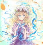  1girl blonde_hair blue_eyes blue_ribbon blush closed_mouth collared_dress commentary contrast_collar dress frilled_shirt_collar frilled_sleeves frills hat highres long_hair long_ribbon maribel_hearn mob_cap neck_ribbon puffy_short_sleeves puffy_sleeves purple_dress ribbon short_sleeves smile solo touhou uwazumi white_hat 