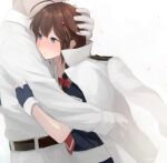  1boy 1girl admiral_(kancolle) ahoge black_gloves black_serafuku blue_eyes braid brown_hair chagen_kokimu commentary_request fingerless_gloves gloves hair_flaps hair_ornament hair_over_shoulder head_out_of_frame hug jacket jacket_on_shoulders kantai_collection military military_uniform naval_uniform necktie red_neckwear remodel_(kantai_collection) school_uniform serafuku shigure_(kancolle) simple_background single_braid uniform upper_body white_background 