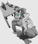 absurd_res alcohol alcohol_bottle anal anthro balls beverage beverage_bottle big_balls big_penis bodily_fluids bottle canid canine canis chest_tuft claws container cup domestic_dog drooling drunk duo erection exclamation_point furniture genitals green_eyes hi_res jewelry male male/male mammal mug muscular muscular_anthro muscular_male necklace necklace_only nipples nude nude_male penetration penis ridiculous_fit saliva size_difference small_penis smalldogger smile spilled_drink substance_intoxication table tuft wood wood_furniture wood_table
