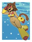 absurd_res anthro armor bikini bikini_top bottomless bottomless_female brown_body brown_fur brown_tail clothed clothing domestic_cat eyewear felid feline felis female fish_birb fur gameoverse genitals glitch_productions goggles hi_res kit_(gameoverse) mammal navel solo swimming swimming_goggles swimwear tail two-piece_swimsuit vulva