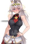  1girl absurdres ahoge alt_text animal_ears bare_shoulders black_leotard blue_eyes blush breasts brooch clothing_cutout diamond_brooch ear_ornament english_commentary grey_hair grey_tail hair_between_eyes hair_ornament hair_ribbon hand_on_own_hip highres hip_vent horse_ears horse_girl horse_tail jewelry large_breasts leotard long_hair multicolored_hair neckerchief oguri_cap_(cinderella_gray)_(umamusume) oguri_cap_(umamusume) open_clothes overskirt ponytail red_neckerchief request_inset ribbon shorts simple_background solo star_brooch tail umamusume umamusume:_cinderella_gray white_shorts xkittyzx 