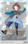  1girl :d arm_up bangs_blown_up black_hair blue_border blue_bow blue_dress blue_eyes blue_pants blue_scarf boots border bow brown_boots character_name cloud commentary dress english_text floating flutterpage fragrance_(freakyduck9000) full_body grey_background hair_bow highres long_dress looking_down multiple_hair_bows open_mouth orange_scarf pants pants_under_dress purple_bow reverse:1999 scarf short_hair simple_bird smile socks solo two-tone_scarf white_socks 