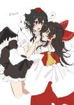  2girls ascot bird_wings black_hair black_wings blush bow brown_eyes brown_hair commentary detached_sleeves frilled_bow frilled_hair_tubes frilled_skirt frills hair_bow hair_tubes hakurei_reimu hat heart highres jyazo_pic long_hair multiple_girls open_mouth pointy_ears pom_pom_(clothes) puffy_short_sleeves puffy_sleeves red_bow red_eyes red_hat red_skirt shameimaru_aya shirt short_hair short_sleeves simple_background skirt skirt_set smile spoken_heart tokin_hat touhou translated white_shirt wings yellow_ascot yuri 