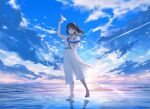  1girl absurdres arm_up barefoot black_hair blue_eyes blue_nails blue_ribbon blush bobby_pin cloud cloudy_sky commentary_request double-parted_bangs dress earrings full_body hairband highres holding holding_paper_airplane holding_ribbon horizon jewelry looking_up medium_hair nail_polish ocean original paper_airplane parted_lips reflection ribbon satori_suzuha see-through_silhouette short_sleeves sky solo standing standing_on_liquid standing_on_one_leg sunset toenail_polish toenails white_dress white_hairband 