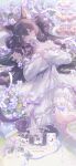  1girl absurdres animal_ear_fluff animal_ears black_hair book cake cat_ears cat_girl commentary commission doll dress drill_hair earrings flower food highres holding jewelry looking_at_viewer macaron multicolored_hair original purple_eyes purple_flower purple_hair solo twin_drills umehara_sei untranslatable_commentary white_dress 