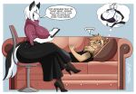 anthro big_breasts black_body black_fur bottomwear bra breasts brown_body brown_fur brown_hair canid canine canis clothed clothing domestic_dog duo eugene_(irvingwrites) eyewear felid female footwear fur furniture glasses hair hi_res high_heels huge_breasts husky jwinkz lion long_hair lying male mammal motion_lines multicolored_body multicolored_fur nordic_sled_dog on_back pantherine panties shirt shoes sitting skirt sofa spitz t-shirt thick_thighs thought_bubble topwear two_tone_body two_tone_fur underwear white_body white_fur white_hair